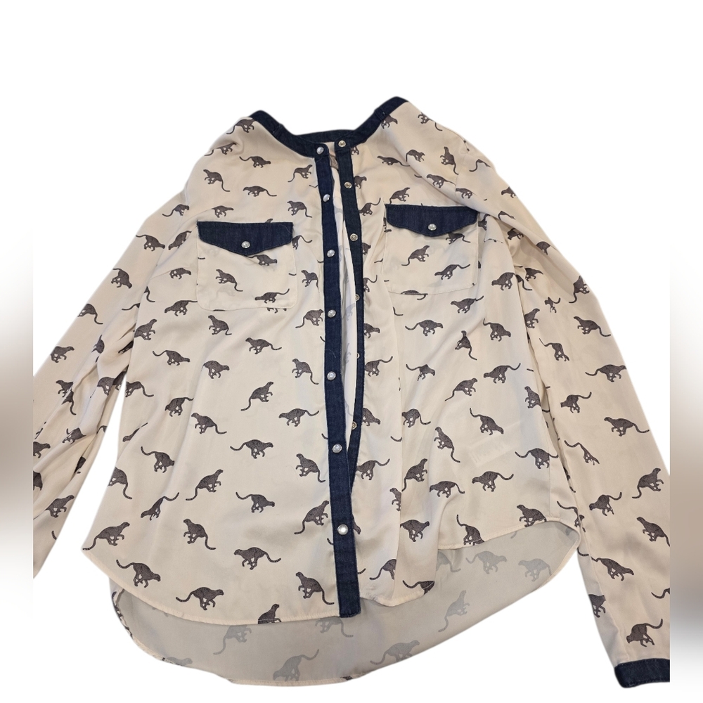 Love21 Cheetah Print Blouse M Sheer Animal Print Denim Trim High Low Hem